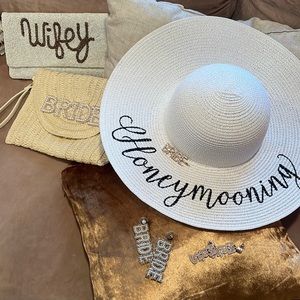 Honeymoon and Bride Mrs Wifey Bundle Hat Clutch Earrings Barrette